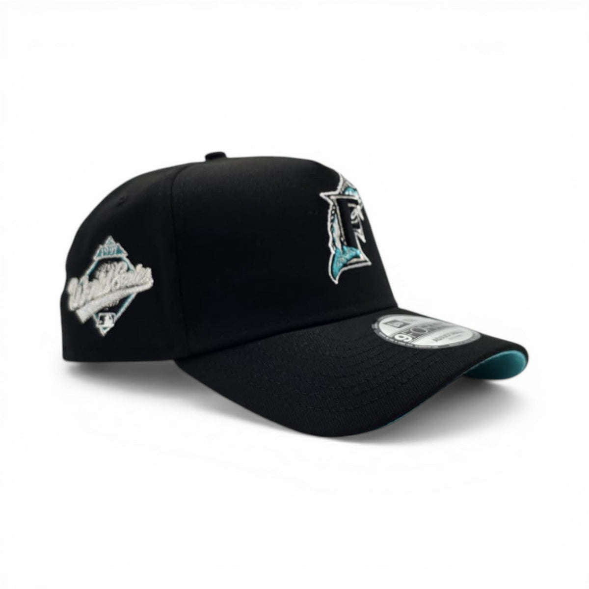 Black Florida Marlins Curved Brim Teal Bottom 1997 World Series Side Patch New Era A-Frame 9Forty Snapback