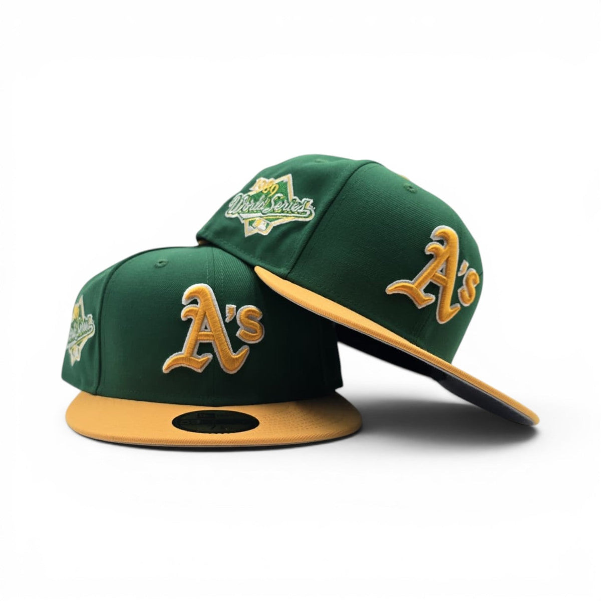 Kelly Green Oakland Athletics Yellow Visor Gray Bottom 1989 World Series Side Patch New Era 59Fifty Fitted